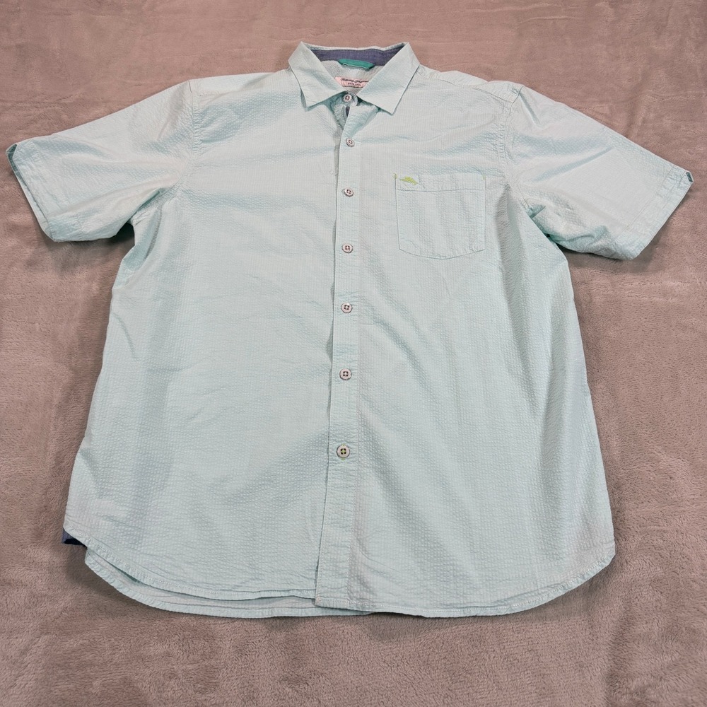 Tommy Bahama Nova Wave Mens Large Mint Green Seersucker Short Sleeve Shirt EUC
